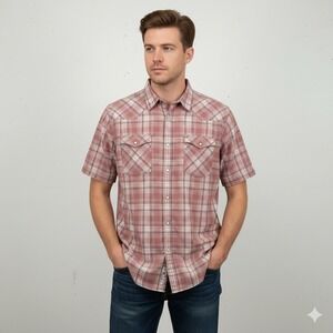 The Foundry Supply Co Mens XLT Plaid Western Pearl Snap Short Sleeve Shirt Rose